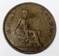 Full view of 1929 halfpenny reverse showing Britannia and date