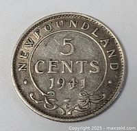 Reverse: NEWFOUNDLAND 5 CENTS 1941 with C mint mark