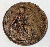 Reverse showing seated Britannia, denomination ONE PENNY, date 1912