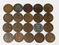 Grid of 20 Canadian and U.S. pennies showing obverse designs and dates