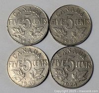 Front faces of four Canadian 5-cent coins dated 1924, 1928, 1932, 1933