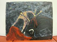 Front view of signed oil painting showing bullfight scene