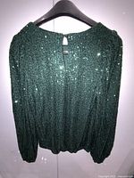 Front view of dark green sequin blouse on hanger