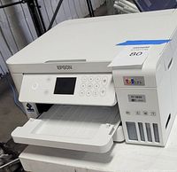 Front view showing Epson EcoTank ET-3830 printer with control panel and ink tanks
