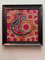 Framed square Aboriginal painting of kangaroo on red dot background
