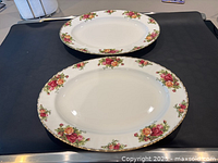 Two oval Royal Albert Old Country Roses platters top view