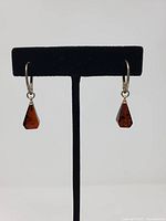 Front view of both amber drop earrings on stand