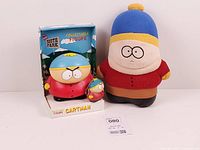 Front view of all three Eric Cartman items: plush, boxed figure, keychain