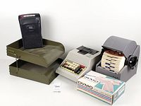 Group shot showing recorder, calculator, rotary card file, letter trays, boxed labelmaker