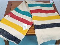 Full view of striped wool blanket draped on table