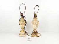 Full view of both alabaster table lamps with cords