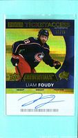 Front of 2020-21 Upper Deck Credentials Liam Foudy Yellow parallel autograph card showing image, autograph and serial number 62/75