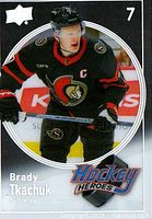 Front of Upper Deck Hockey Heroes Clear Cut card featuring Brady Tkachuk in black Senators jersey