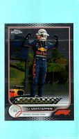 Vertical card showing Verstappen with raised fists, Emilia Romagna 2021 winner text