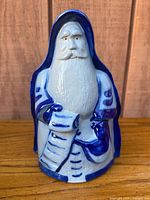 Front view of blue and white salt-glazed Santa figurine