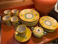 Full set showing plates, cups, saucer and sugar bowl