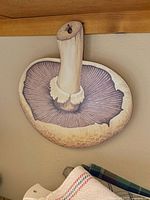 Front view of mushroom wall plaque showing painted gills, stem and keyhole hanger