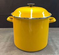 Full front view of yellow Le Creuset stockpot with lid on