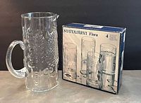 Pitcher beside original Nuutajärvi Flora box showing product images