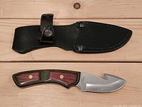 Knife and sheath, blade facing right showing gut hook