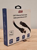 Front of iCAN CAT7 Ethernet Patch Cable box showing brand, length, cable type and key specs