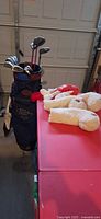 Full view of golf bag with clubs inside