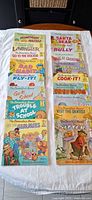 All 14 Berenstain Bears books laid out in two columns on bed