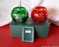 Green and red cut crystal votive holders on original Marquis by Waterford box with booklet