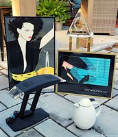 Group shot showing all six items: framed Nagel and Watson prints, Seiko pyramid clock, desk lamp, Leifheit carafe