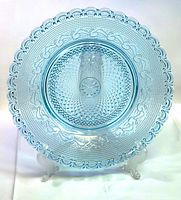 Front view of turquoise pressed glass bowl showing full pattern
