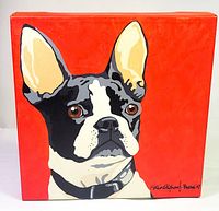 Front view of square Boston Terrier painting on red background