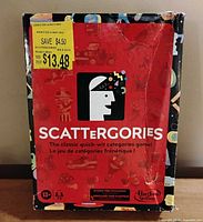 Front of Scattergories box showing branding and age rating