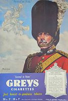Front view of Greys Cigarettes advertisement showing full illustration and text