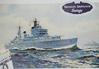 Front view of full advertisement showing warship illustration and Senior Service logo