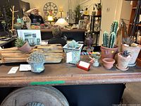 Overall lot with driftwood, French garden ornament and terracotta pot on counter