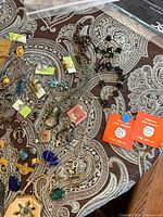Overall view of assorted jewellery, coin purses and coins spread on table