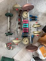 Top view of all bars, plates, dumbbells and accessories