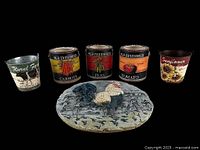 Entire lot showing two metal buckets, three ceramic planters, and rooster plaque