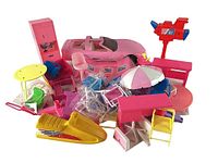 Overall lot showing car, snowmobile, furniture pieces and accessories