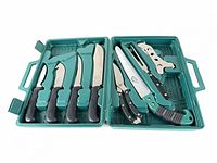 Open case displaying all knives, saw and rib spreader