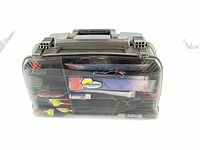 Front view of Plano tackle box with visible contents