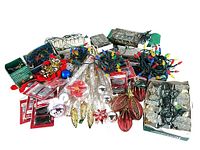 Overall view of string lights, ornaments, and hooks spread out