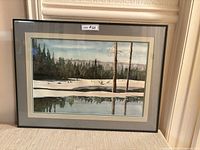 Full view of framed watercolour showing artwork, mats and frame