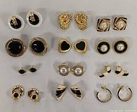 Overall view of 12 pairs of earrings arranged in grid