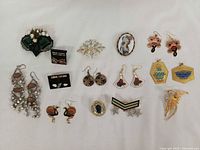 Entire lot overview showing all earrings and brooches
