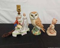 Group shot of all three items: lamp, owl figurine, girl figurine