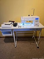 Full view showing Janome Horizon sewing machine (reference only) with accessories on table
