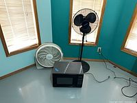 Group view of Westinghouse floor fan, Windmere stand fan, Hotpoint microwave