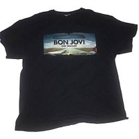 Front view of black Bon Jovi Lost Highway concert T-shirt laid flat