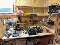 Workbench with tools, organizer drawers, screwdrivers, plastic cases